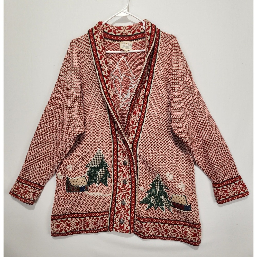 Vintage Susan Bristol Women's XL Christmas Cardigan Sweater Trees Cabin